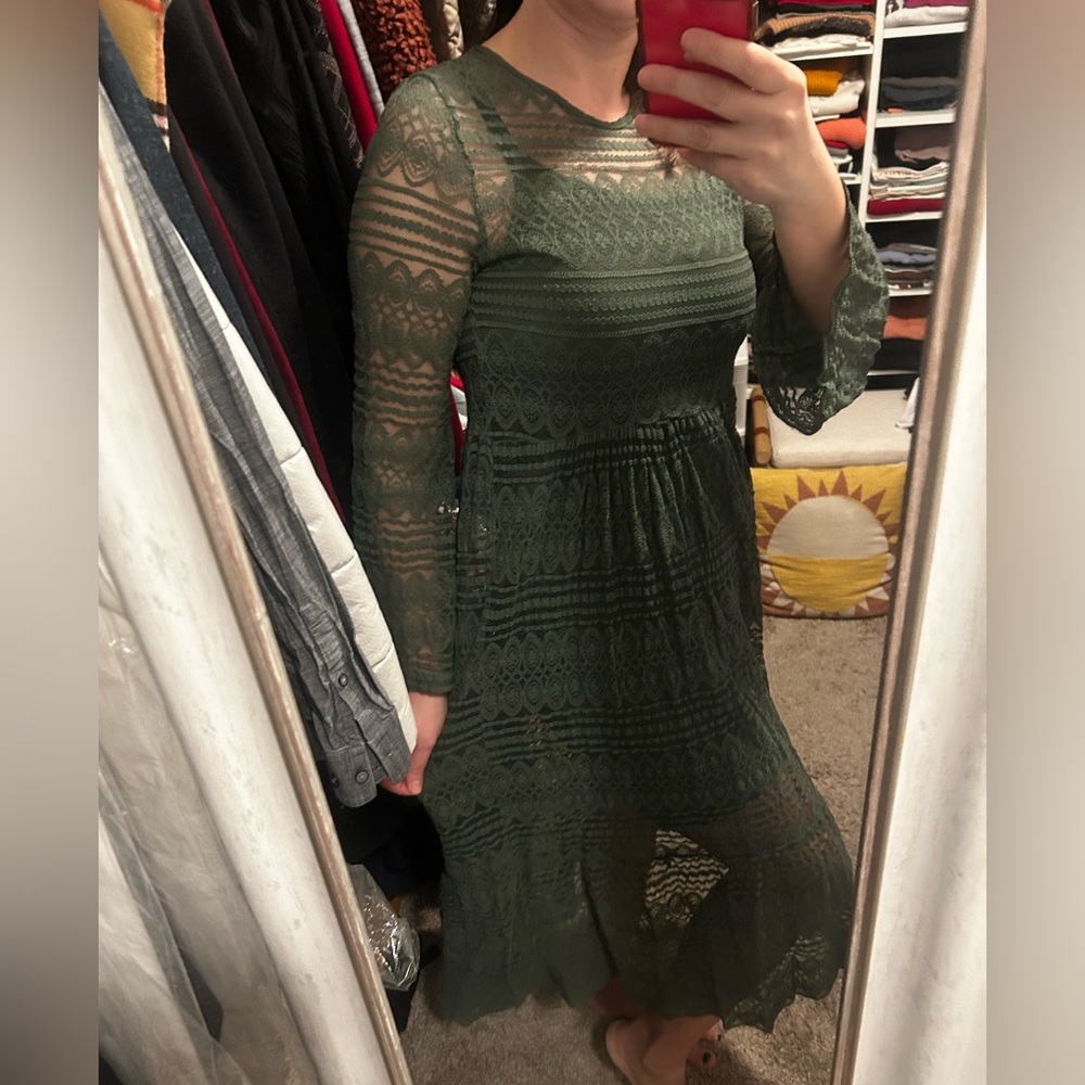 Lace Fit-and-Flare Dress in Dark Green